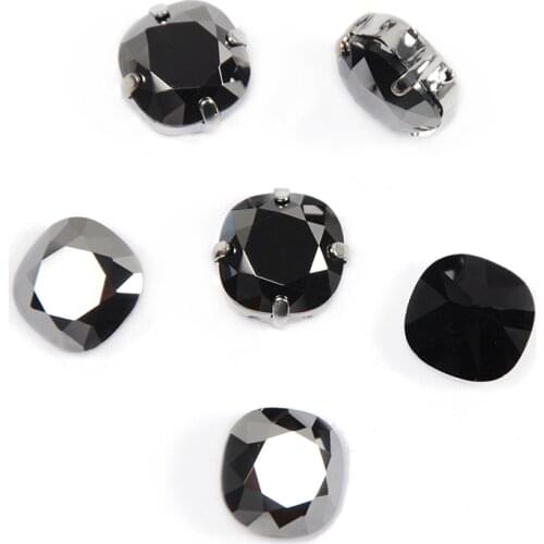 Cushion Cut Hematite Sew On Glass Rhinestones with Frame Claw Pointed back Silver/Golden Setting Sewing Strass for DIY Clothes