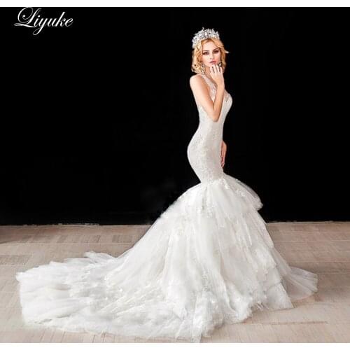 Liyuke Mermaid Wedding Dress 2020 With Puffy Lace Skirt Buttons Closure vestido de noiva