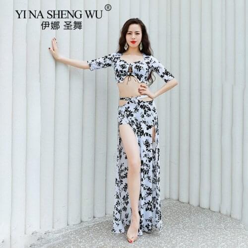 Vintage Belly Dance Set Practice Clothes Costume 3 Piece Dancing Outfit Tops Long Side Slit Skirt For Group Performance Wear