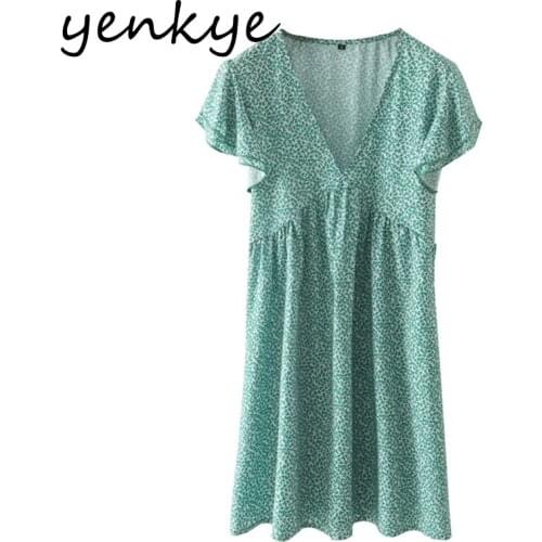 YENKYE Green Floral Print Dress Women V Neck Butterfly Sleeve High Waist A-line Holiday Summer Dress Plus Size Short Vestido