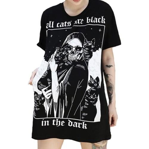 Mujer Camisetas Harajuku Punk Women Clothing Print Femme T-Shirts Vintage Black Gothic Clothes Long Loose Tops
