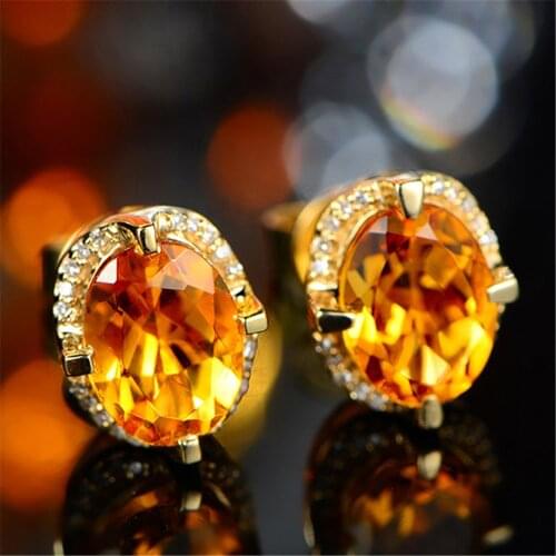 Citrine gemstones crystal stud earrings for women gold color jewelry zircon diamonds party gifts luxury bling bijoux bague