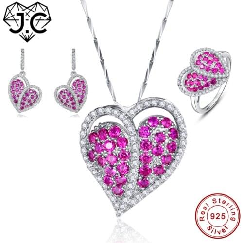 J.C Wholesale Women Ruby Pendant & Ring & Earring Genuine Solid 925 Standard Sterling Silver Jewelry Set Accessories Jewelry