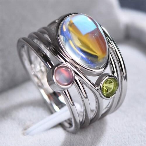 Crystal Female Big Moonstone Ring Fashion silver color Rose Gold Wedding Jewelry Promise Love Engagement Rings For Women