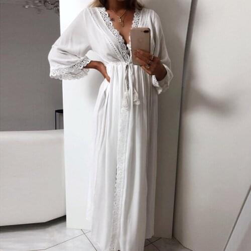 Women Dress Beach Cardigan Dress Womens Long Robe Soft Hollow Out Lace Tie Up Waist Slim Fit Casual Long Loose Summer pijamas