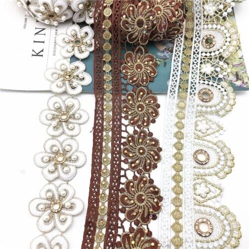 10yards beaded rhinestone Metallic Embroidered Motif Lace Nigeria Venice Trim Crochet Cord