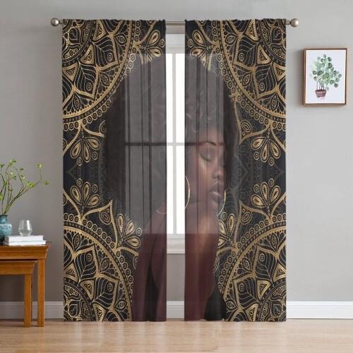 African Woman Black Girl Mandala Sheer Curtains for Living Room Bedroom Kitchen Chiffon Tulle Curtains Home Hotel Coffee Decor