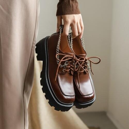 British retro Ms. Derby shoes, casual shoes, metal chain decoration natural whole leather handmade