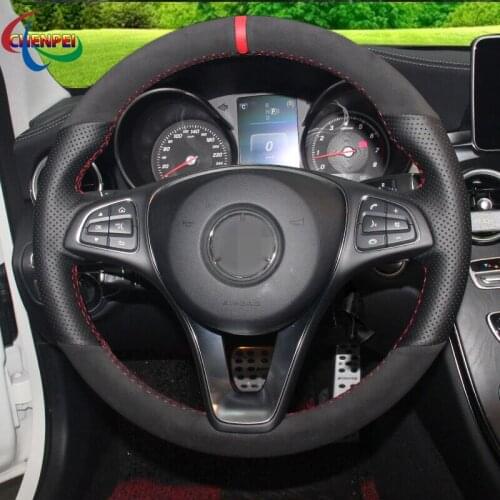 DIY Black Leather Black Suede Red Marker Steering Wheel Cover For Mercedes-Benz C180 C200 W205 C300 B200 Car Interior Decoration