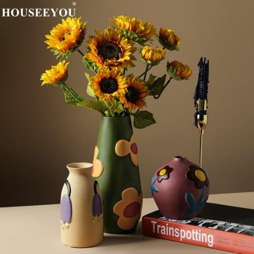 Cutelife Ins Nordic Small Ceramic Painted Morandi Retro Style Flower Bottles for Decoration Home Vintage Wedding Vases Plants