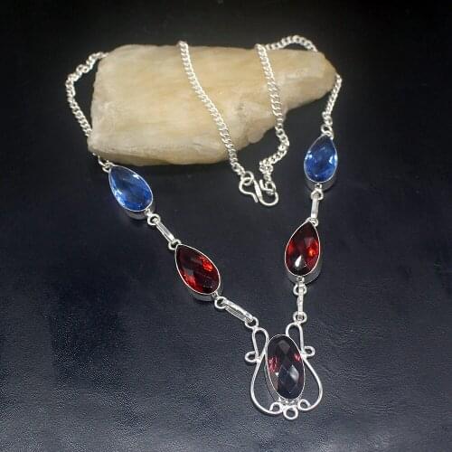 Gemstonefactory Jewelry Big Promotion 925 Silver Gorgeous Blue Topaz Garnet Amethyst Ladies Women Chain Necklace 48cm 202101660