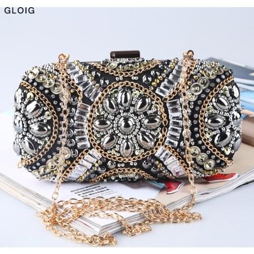 Vintage Embroidery Beaded Clutch Diamonds Evening Bags Rhinestones Chain Shoulder Handbags Pearl Handmade Purse