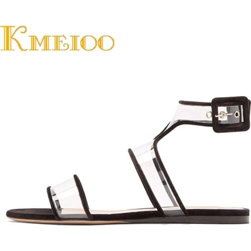 Kmeioo Fashion Women Shoes Clear Perspex Sandals Ankle Strap Transparent Flats Dress Shoes