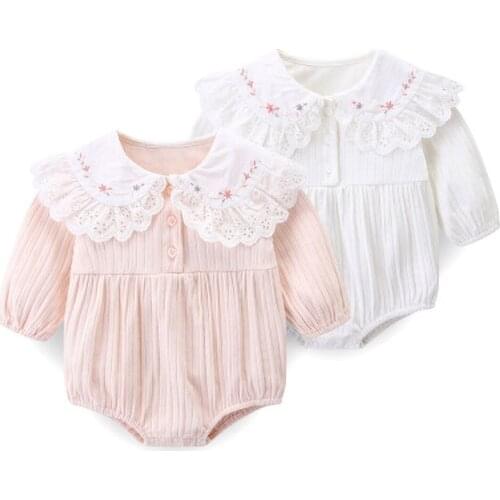 2 Colors Spring Girls Clothes Baby Embroidery Lace Cotton Breathable Romper Newborn Triangle Jumpsuit