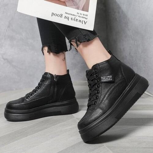 Ladies Cross Strap Platform Sneakers Women Waterproof Pu Leather Flats Ankle Boots Woman Black Casual Vulcanized Shoes 8bv