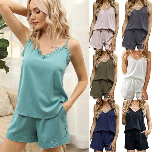 Summer Womens Solid Home Service Sleeveless Short Pajamas Suit 2021 New Sexy V Neck Ruffle Bow Bandage Loose Lady Pajamas Suit