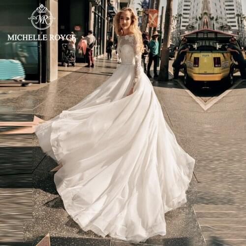 Michelle Royce A-Ling Wedding Dresses 2020 Scoop Appliques Illusion Beaded Button Chapel Train Bridal Gowns Vestido De Noiva