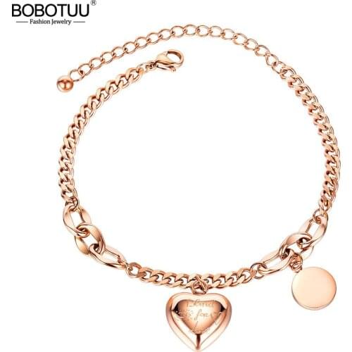 BOBOTUU Fashion Stainless Steel Love Heart & Round Tag Charm Bracelets For Women Girls Bohemia Chain Bracelet Jewelry BOGS1066