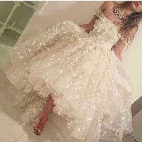 Fashion Ivory Strapless Off the Shoulder Shoulder Beaded Flowers Lace Short Front Long Back Prom bridesmaid Dresses