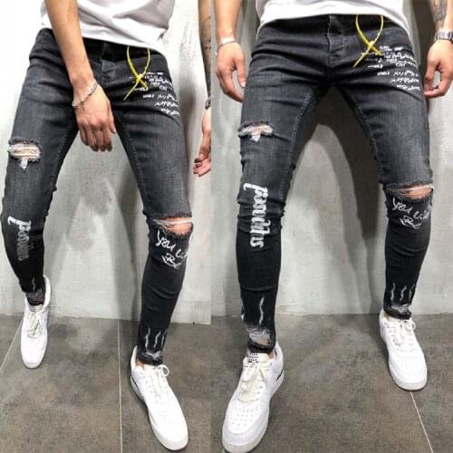 New fashion hole embroidered jeans Slim men trousers mens Casual Thin Elastic Denim Pants Classic Cowboys Young Man black