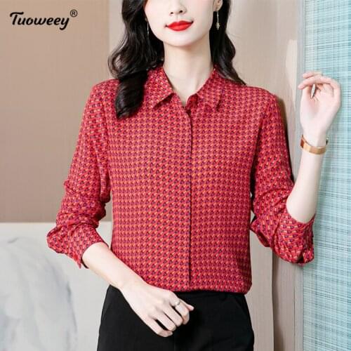 Office Lady Tops Fashion Korean Print Ladies Shirts loose Long Sleeve Women Tops and Blouses Blusas Mujer De Moda 2021