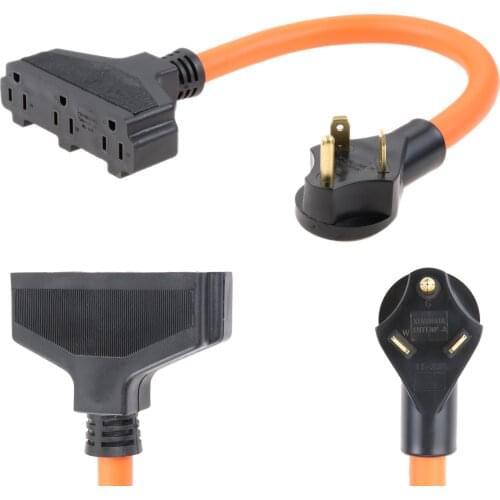1.5ft 10/3 TT-30P RV/Generator 30Amp Plug to Tri-Outlets 5-15R Adapter (Flexible Tri-Outlet)