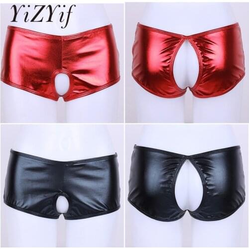 YiZYiF Sexy PVC Hot Shorts Women Leather Open Crotch Boxer Shorts For Women Metallic Wetlook Crotchless Booty Mini Short Pants