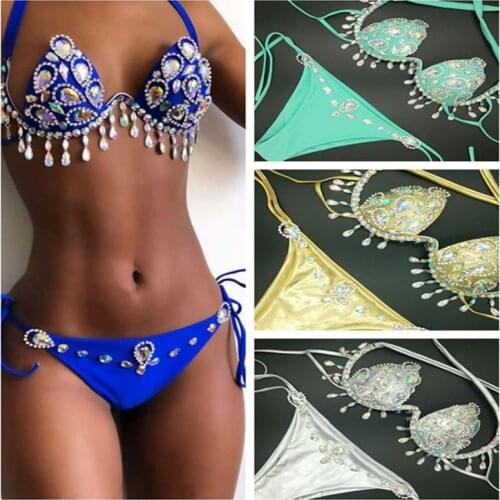Sexy New Diamond Tassel Bikini Diamond Swimsuit Women Fringed Bikini Sewn Diamond Bikini Nightclub Wear Women Clothes XS1651
