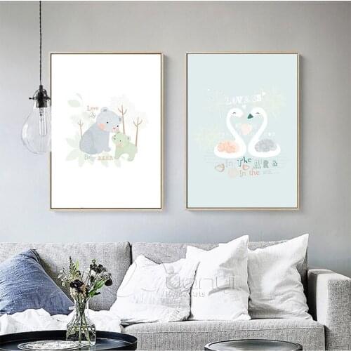 Nordic Cute Animal Wall Art Bear Swan Nordic Cartoon Picture Decoration Art Canvas Painting For Kids Room Baby Room Unframed