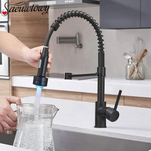 Deck Mounted Black LED Spring Kitchen Faucet Tap Hot And Cold Water Crane Sink Mixer Brass Material 360 ° Rotatble LED Tap