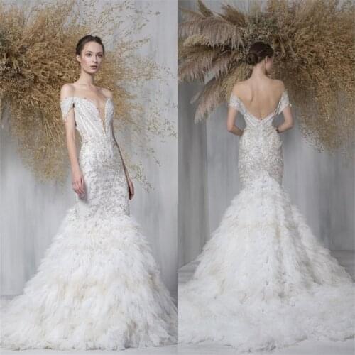 2021 New Wedding Dresses Off Shoulder Lace Appliques Ruffles Mermaid Bridal Gowns Custom Made Backless Sweep Train Wedding Dress