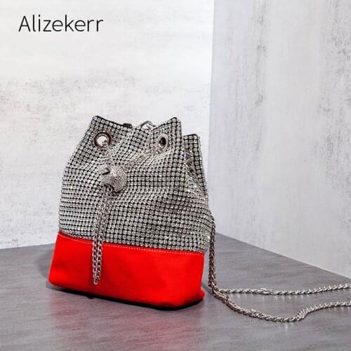 Rhinestones Canvas Bucket Evening Clutch Bag 2021 New Luxury Silver Ball Chain Panelled Shoulder Bag Ladies Wedding Purse Trendy