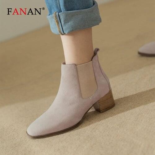FANAN Chelsea Boots Women Beige Suede Boots Elastic Slip On Genuine Leather Handmade Shoes Comformatable Square Heels Lady Shoes