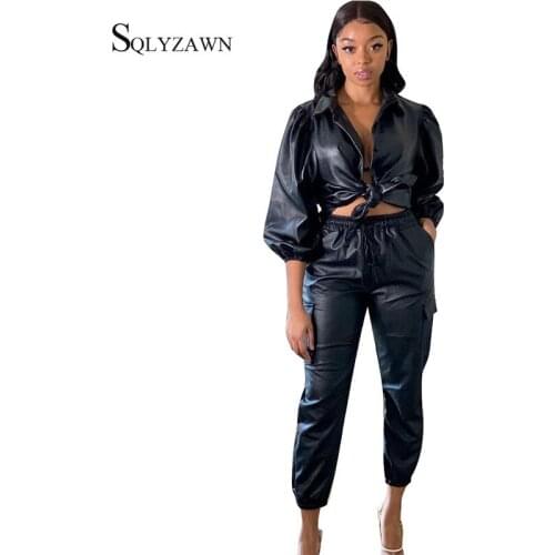 PU Faux Leather Black 2 Piece Set Female Lace Up Lantern Sleeve Tops and Pants Streetwear Matching Jogger Suit Outfit Plus Size