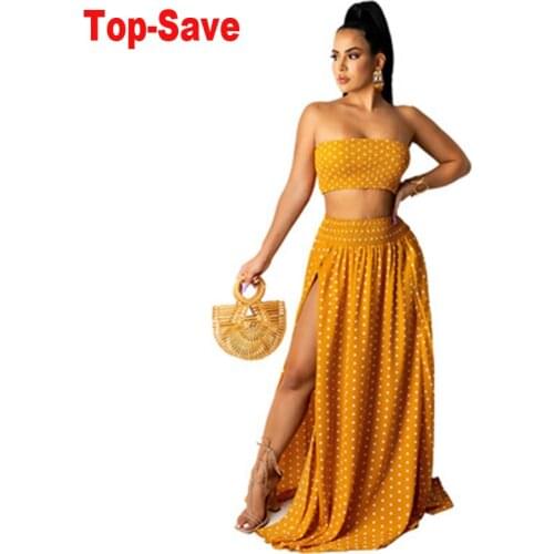 Fashion Polka Dot Printed Two Piece Set Women Top And High Waist Split Long Skirt Backless Sexy Top Vacation Beach Clothing 2021