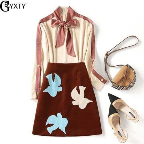 GBYXTY Ladies Elegant Office Work Suit Autumn Bow Tie Collar Long Sleeve Shirts and A-line Embroidery Skirt 2 Piece Set ZA2571
