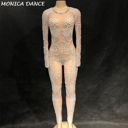 Women Sexy Stage Net Yarn Jumpsuit Full Of Sparkling Crystal Pearl Bodysuit Fashion Show Nightclub Party Birthday Bling Clothes