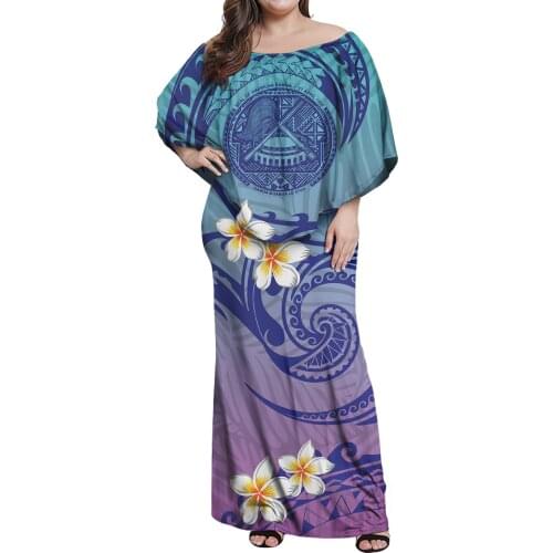 Hycool Samoan Tribal Print Women Off Shoulder Dresses Polynesian Elegant Sleeveless Dress With Shawl Plus Size Lady Maxi Dresses