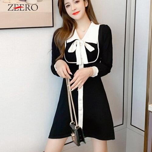 Korean Autumn Winter Women Bow Knitted Black Mini Dress Single Breasted Turn-down Collar Lantern Long Sleeve Vintage Party Dress