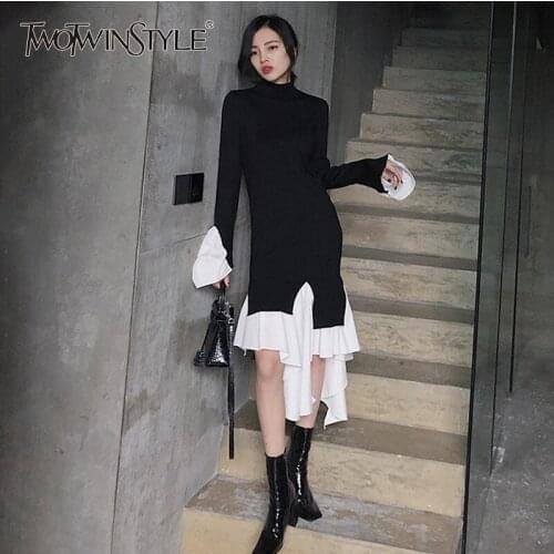 TWOTWINSTYLE Knitting Dress Female Flare Long Sleeve Turtleneck Patchwork Ruffle Hem Irregular Womens Dresses 2020 Autumn New