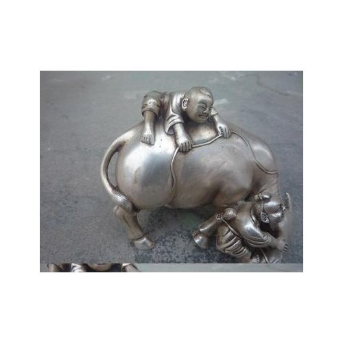 18C Tibet Silver Statue/ Sculpture----cowboy playing with the OX, Nice Carving,best Silver decoration bronze factory outlets