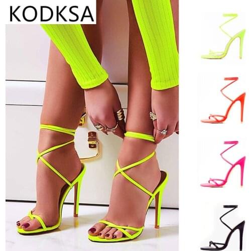 2021 New European Summer Sandals Candy Color Point Toe Lace Ankle Strap Party High Heels Pumps Thin Heel Sandals Lady