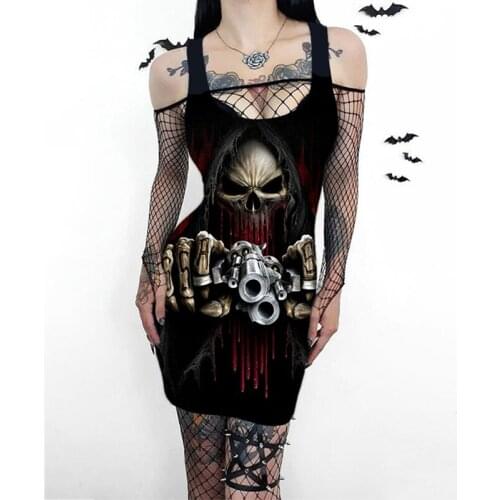 3D Halloween Party Dress Skull Flower Print Y2k Dresses Women Sleeveless Punk Gothic Harajuku Dress Sexy Street Ladies Clothing
