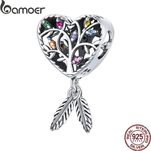 Bamoer Silver Tree of Life Charm for Original Bracelet Real 925 Sterling Silver Colorful CZ Jewelry Making beads Women SCC1768