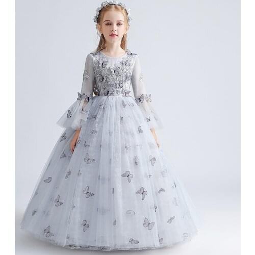 Flower Girl Dresses Illusion Appliques Beading Pearls Princess Sequined O-Neck Ball Gown Embroidery Tulle Kids Party Skirt H091