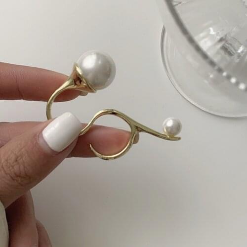 FFLACELL 2021 New Korea Exaggerated Metal Wire Irregular Large Pearl Double Ring for Women Girls Jewelry