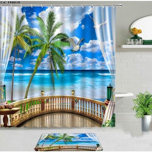 Sunlight Beach Ocean Landscape Shower Curtains Set Sea Palm Tree Window Non-slip Rugs Bath Mat Bathroom Screen Entrance Door Mat
