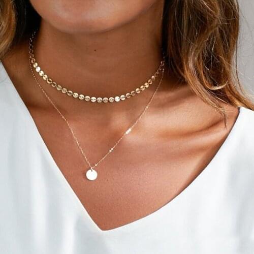 Trendy Double Layered Gold Statement Necklace Dainty Round Sequins Clavicle Chain Choker Necklace for Women Collares Jewelry