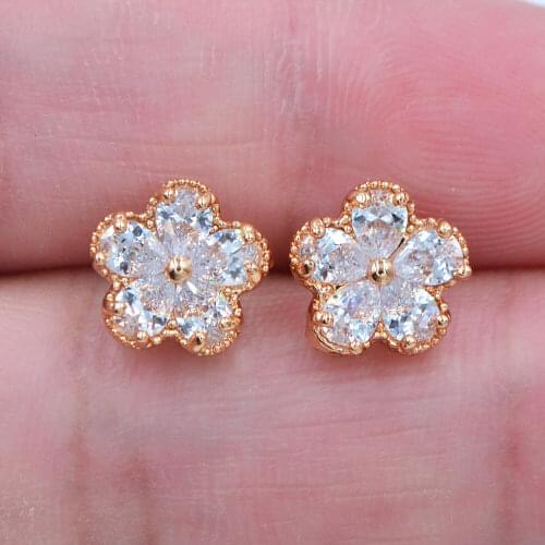 Fashion Gold Color AAA+ Cubic Zirconia Romantic Women Clear CZ Flower Stud Earrings Jewelry