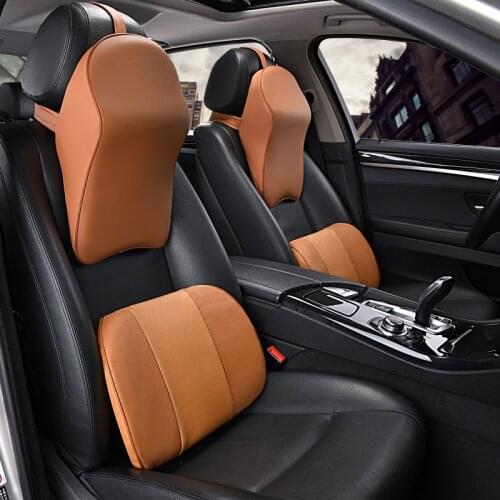 Memory Foam Car Pillow Set Genuine Leather Beige Seat Lumbar Neck Support Cushion Gadget Headrest Cover For Men Auto Cccessoires